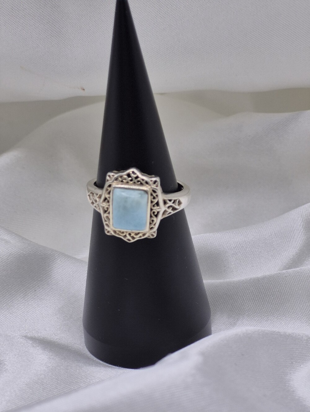 Sterling Silver Larimar Lace like Filigree Ring SIZE 8 3/4. Sweet Ring!